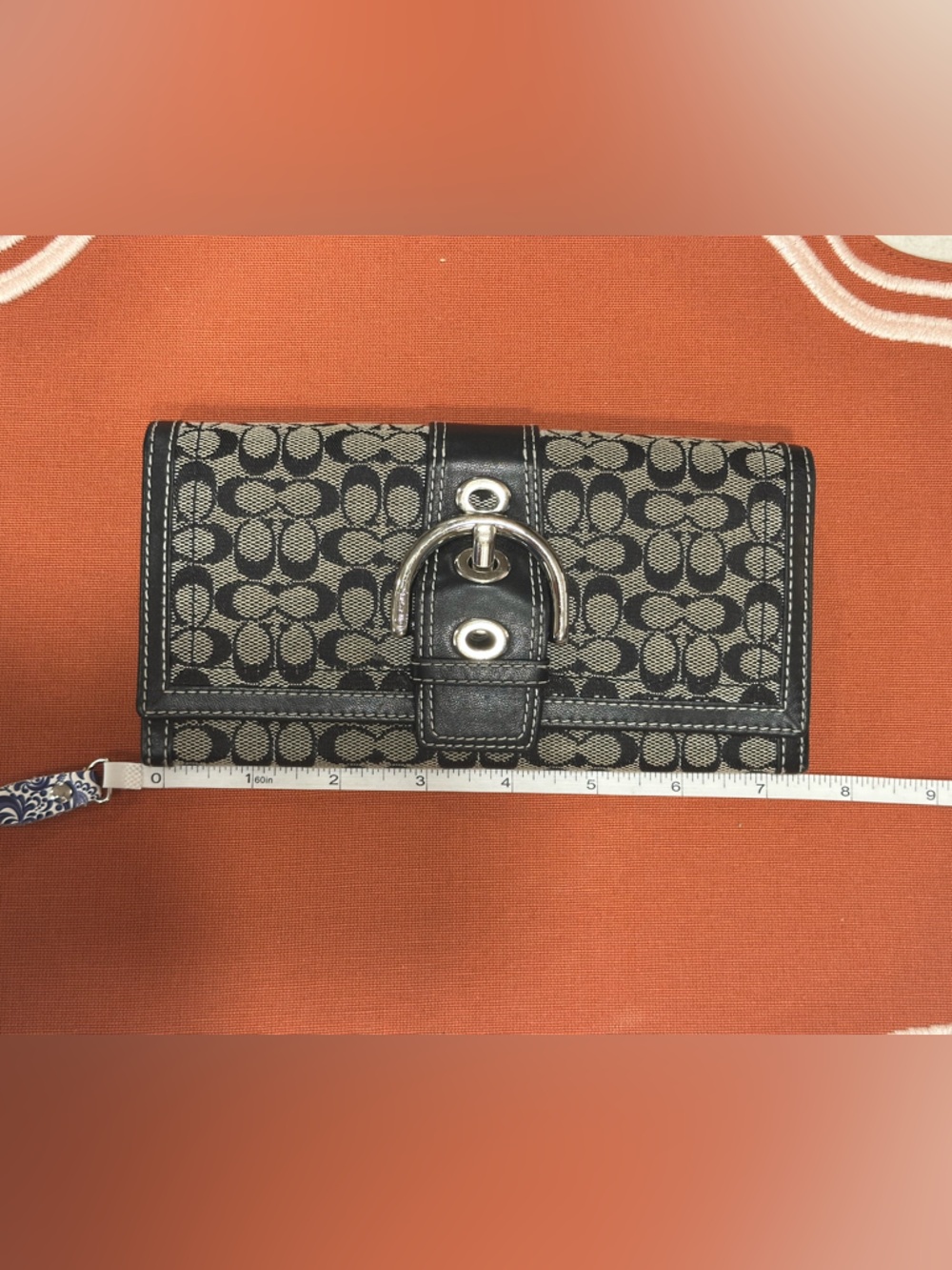 Coach Signature Canvas Wallet in Black and Tan with Buckle Accent